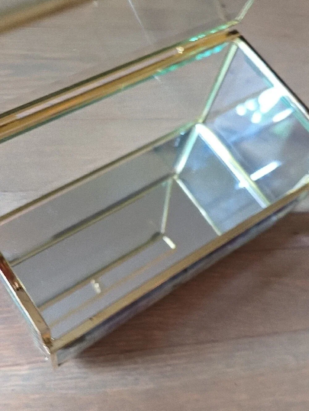 Shabby Chic Vintage 1989 Gold Glass Vanity Trinket Jewelry Box w/ Purple Floral
